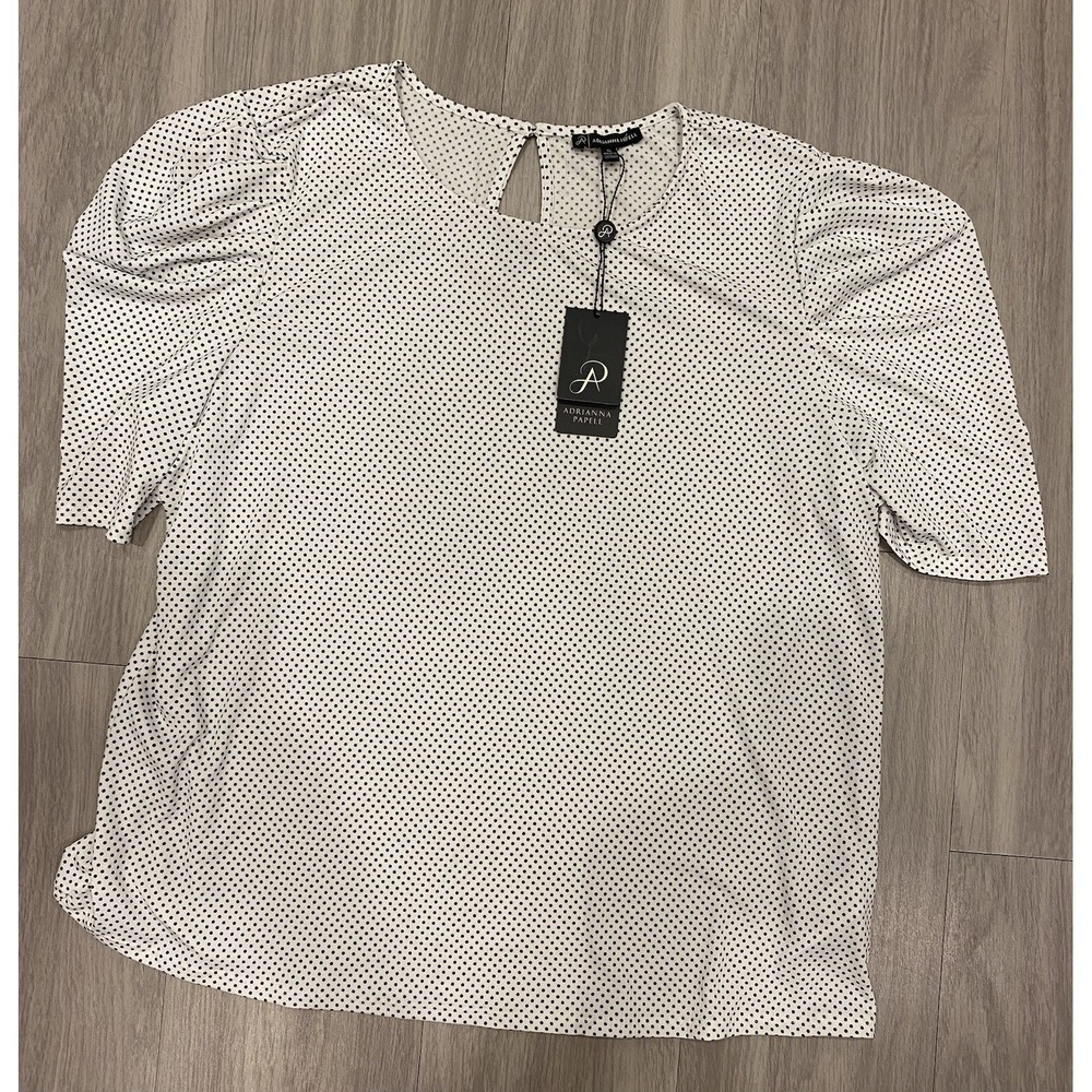 NWT Adrianna Papell Blouse White Black Pleated Knit Sleeve Top XL Polka Dots $69